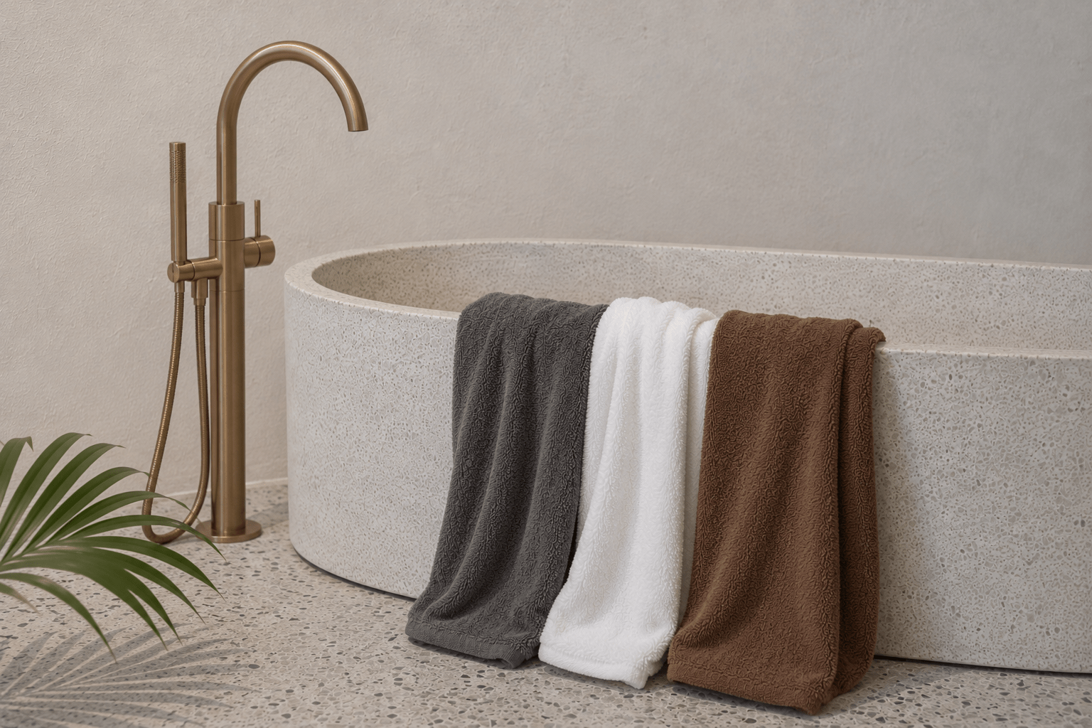 Three plush bath towels in charcoal gray, white, and brown draped over the side of a freestanding oval bathtub.
