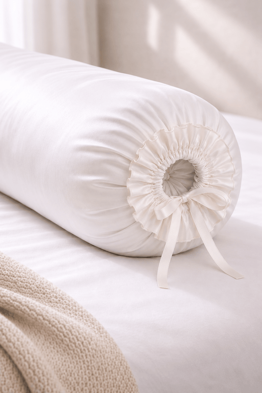 A white bolster pillow with a ribbon tie, resting on a white bed with a beige textured throw blanket nearby.