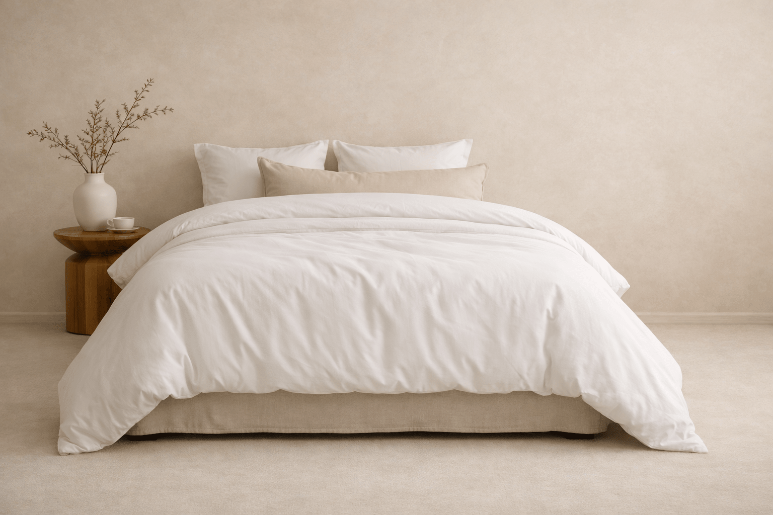 A neatly made bed with white bedding and several pillows, styled in a minimalist bedroom with a small wooden side table.