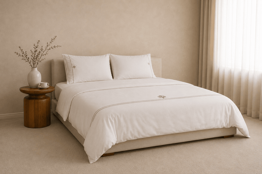 A neatly made bed with white bedding and two pillows in a softly lit beige bedroom, with a small wooden side.