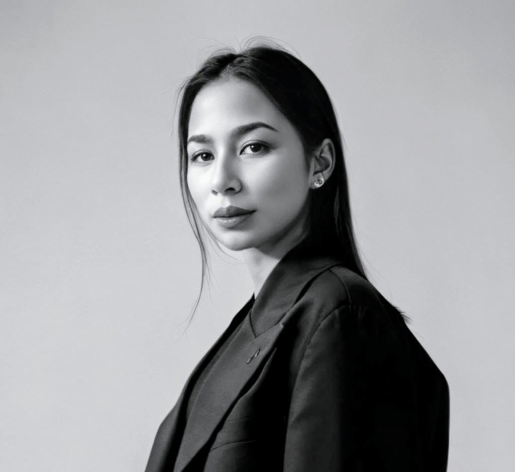Black and white portrait of a woman wearing a blazer against a plain background