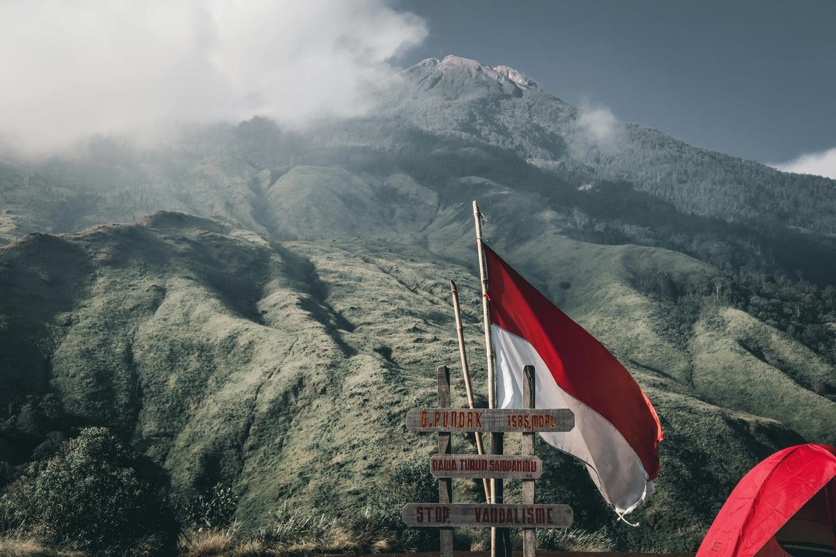 Flag and signpost in front of a mountainous landscape